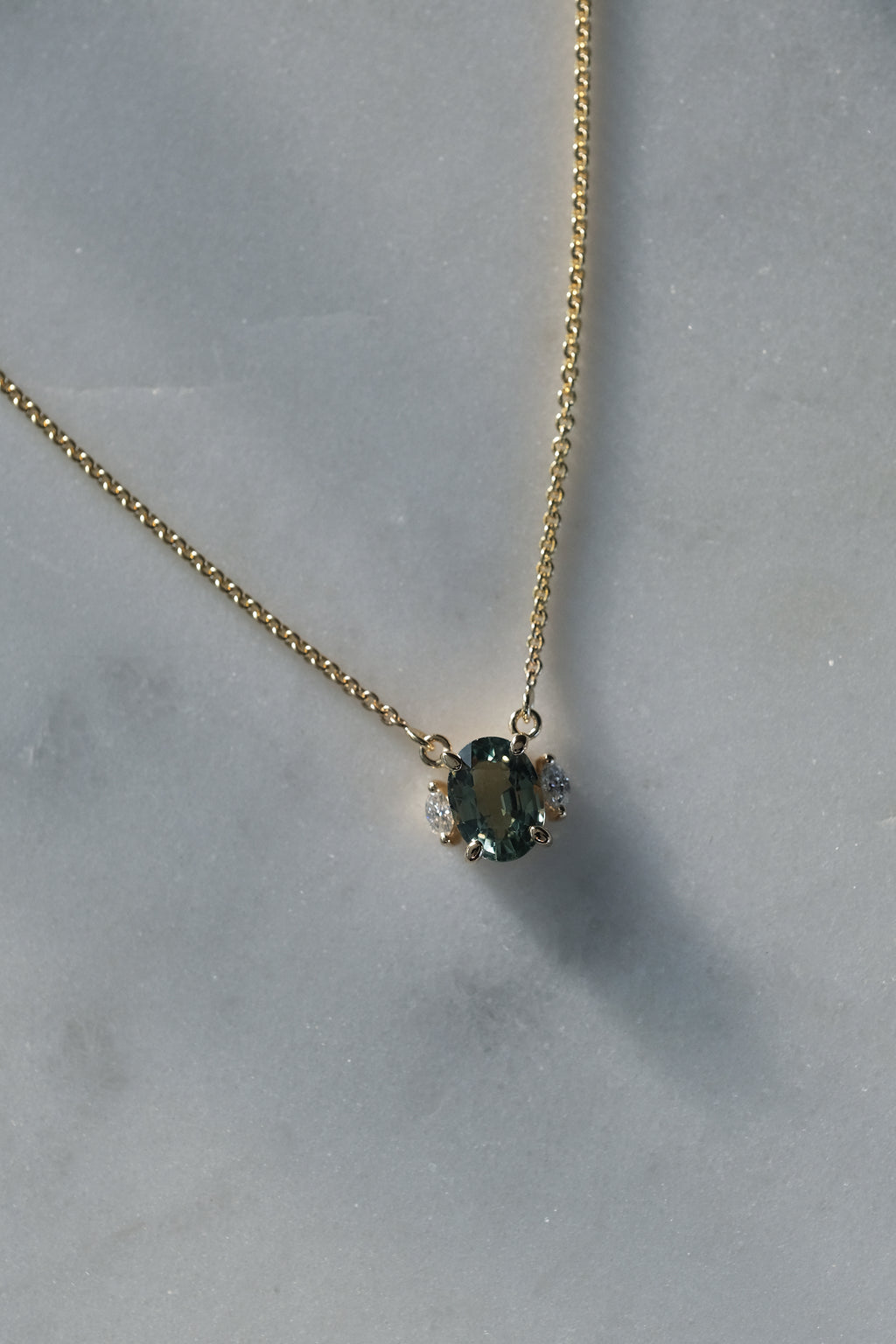 IMPERFECT // Sage green sapphire + diamond necklace